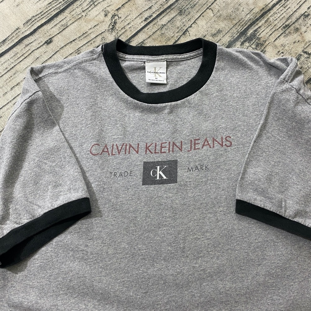 Calvin Klein Mens M 90s Vtg Spellout Ringer T-Shirt Gray Logo Y2K Tee